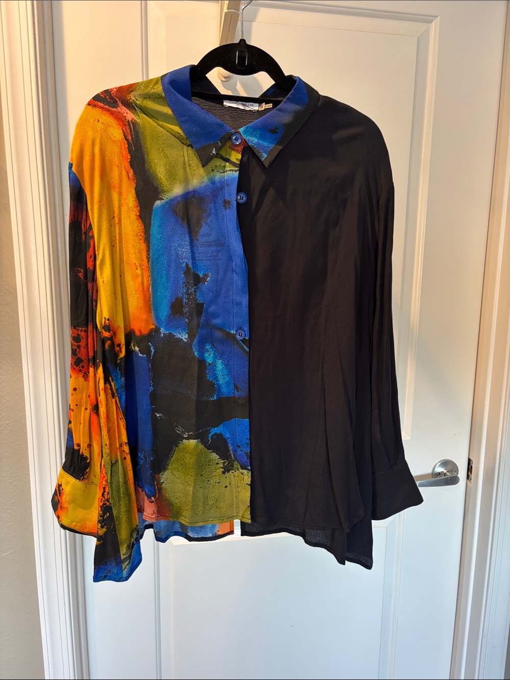 Abstract Colorblock Button-Up Shirt - Black with Blue, Yellow & Green Print